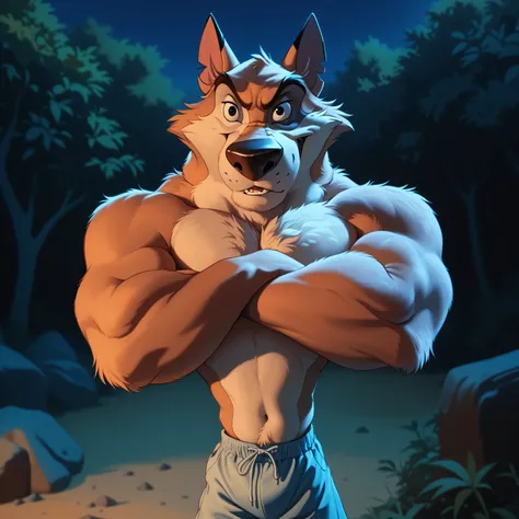 Kaltag pny, alaskan malamute, solo, detailed, detailed face, detailed eyes, anthro body, male, adult, very muscular:1.1, cartoon shading, cel shaded:1.0, flat colors, shirtless, wfa style, negger style, cartoony anatomy, above waist, looking at viewer, arm...