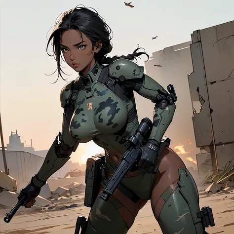 nsfw, very long shot, (sketch, traditional media:1.2), perfect anatomy proportion body, perfect anatomy hands, action,  dynamic composition with a sense of speed and dynamism, (Firing an assault rifle, shooting:1.6),  a woman with sex appeal, 40 years old,...