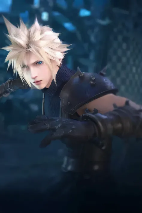 17-Year-Old Boy 、Final Fantasy VII，Cloud Strife,Cloud's Hairstyle 、Light-pigmented skin、Sparkling blue eyes、blond with a big face、 thin lips、Thin jaw、white long lashes 、 white eyebrows、exposed abdomen,Beautiful、 neutral、beautiful face、hero、Silvery long hai...