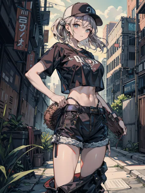 ideal ratio body proportions, perfect anatomy, correct body, earring, huge breasts, narrow waist, short hair, black hair, wavy hair, hair behind ear, half updo, hair ornament, sexy, erotic, seductive, Sensual, looking at viewer, cowboy shot, outdoor, baseb...