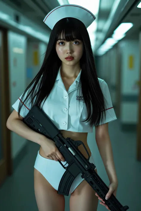 (((White nurse cap:2.0))),(((The dark interior of the Nostromo ship :2.0))),((( HR Gigger style cyberpunk atmosphere :2.0))),(((holding a syringe-style rifle:2.0))), standing,((full body:2.0)),one woman,(Cute Face),(Beautiful well-balanced face ),((long ha...