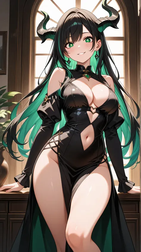 (masterpiece), best quality, expressive eyes, perfect face, 1girl, breasts, horns, solo, green_eyes, medium_breasts, black_hair, multicolored_hair, dress, green_hair, smile, cleavage, looking_at_viewer, long_hair, thighs, jewelry, earrings, black_dress, pa...