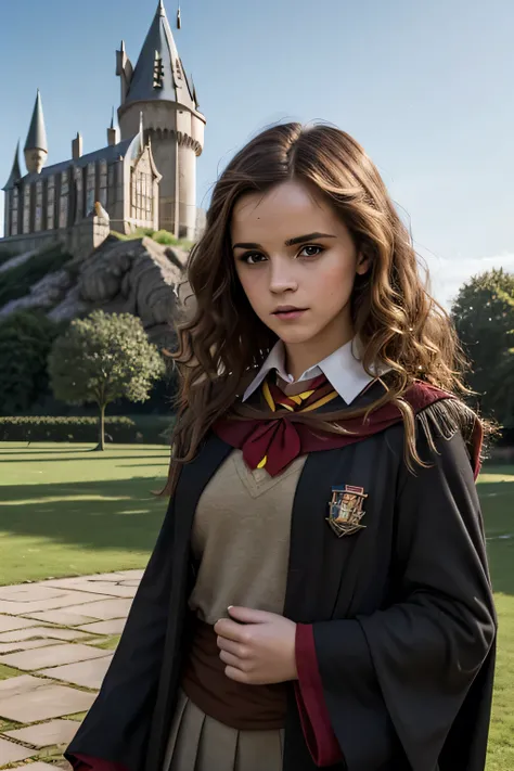 Gorgeous european woman with curly hair, bushy hair with bangs, thick hair, shoulder length hair, shiny hair, streaked blonde hair, skinny, thin waist, Emma Watson in cute clothes, small breasts, (wearing a a long black traveling cloke over a Gryffindor sc...