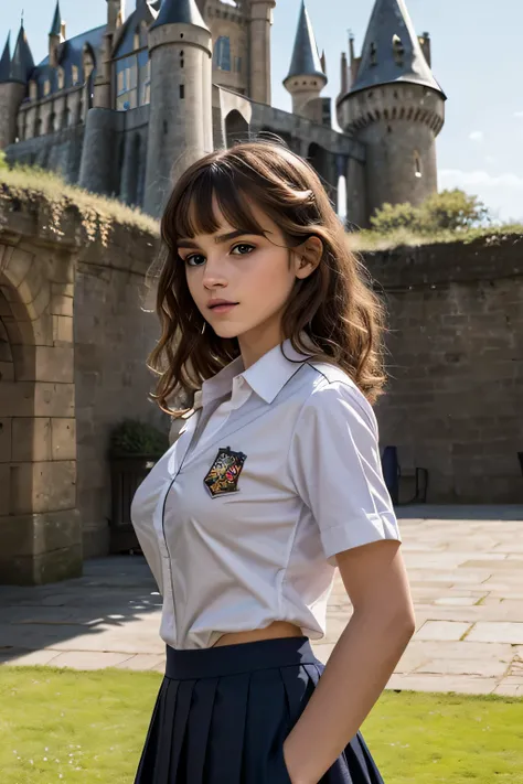 Gorgeous european woman with curly hair, bushy hair with bangs, thick hair, shoulder length hair, shiny hair, streaked blonde hair, skinny, thin waist, Emma Watson in cute clothes, small breasts, (wearing a a long black traveling cloke over a school unifor...