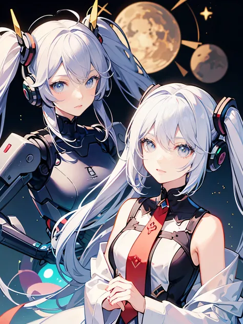  robot 、 robot を触るgirls、girls、Gray Hair、White hair color、Twin Tails、High Resolution, high quality, 