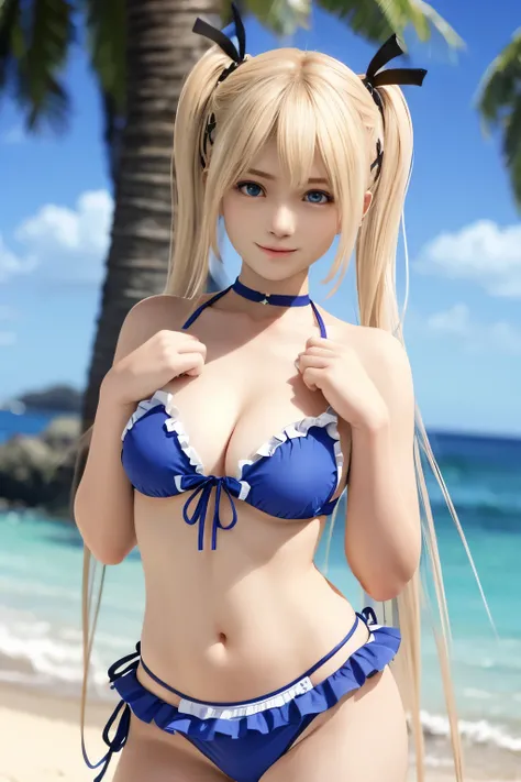 Marie rose, twin tails, blonde hair, best quality, blue bikini outfit,, slight smile, shy face, big breast