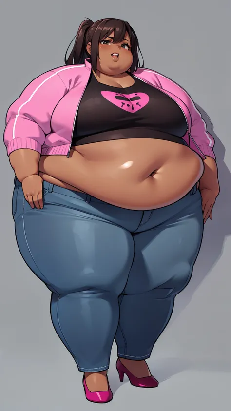 Extremely obese African-American woman, belly hanging, ((extremely obese)), belly sagging, wearing a pink crop top with long sleeves and loose jeans, (dark brown skin), fat blob, fat arms, fat face, fat limbs