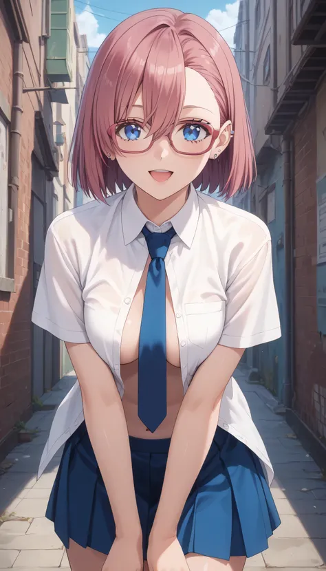 Ririsa Amano, 1girl, short hair, solo, blue skirt, pink hair, glasses, bangs, ear piercing, open clothes, necktie, medium breasts, facing viewer, midnight, dark alley way background, open shirt, blue eyes, shiny, open mouth, shiny skin, seductive smile, sh...