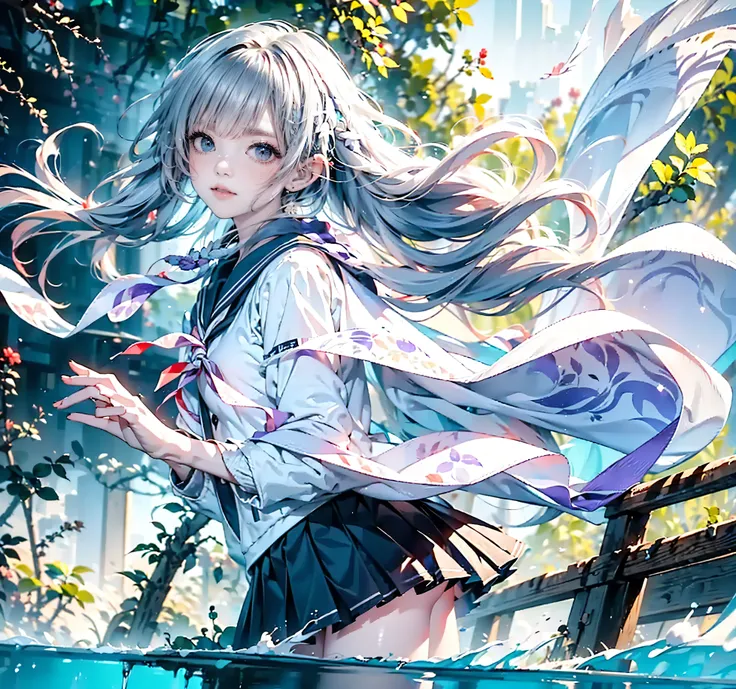 Top quality, high resolution, (High quality: 1.4), masterpiece, detailed background, realistic, RAW photo, ((Odd-eyed high school girl)), ((Heterochromia, red eyes, green eyes)), ((Sparkling and detailed eyes)), ((Long silver and purple hair)), translucent...