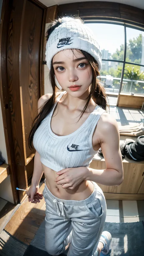 best quality,  masterpiece super high resolution 8k  ,((portrait of a person dancing hip-hop violently:1.4)), (realistic:1.6), ((blue eyes)),(( Shining Smile )), RAW photo,((realisticな美肌)),(( black knitted hat,white tank top and loose sweatpants,Nike Jorda...