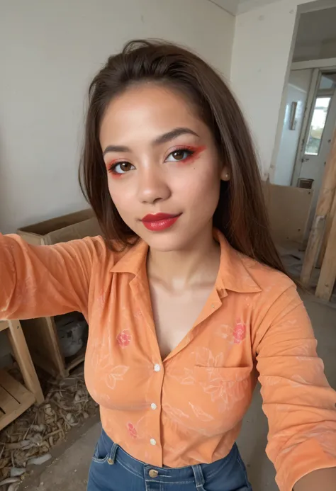 Mexican brunette woman, tan brown skin , she seems to be 35 years old , long straight brown hair, medium breasts, pinched eyes, Small, thin waist, basic makeup, red lipstick, wearing tight jeans, dress shirt with , hair tied, button Security initializat...
