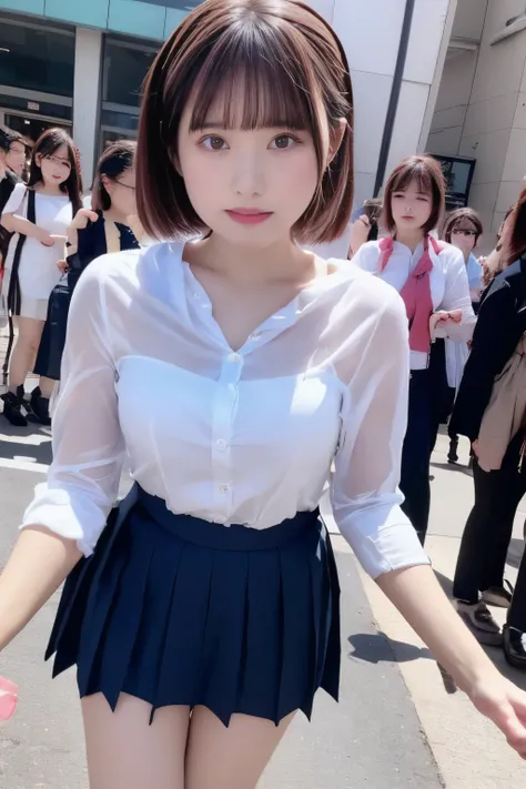 Highly detailed CG Unity 8k wallpaper、Highest quality、Ultra-detailed、masterpiece、Realistic、Photo realistic、Highly detailed cute girl、20-year-old、((Roll up the skirt yourself)))、(Lift it yourself)、Wearing panties、Panty Focus、blush、Lips parted、Looking at the...
