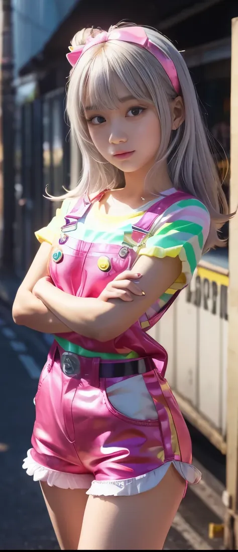 flashy candy idol girl、A pure girl's face、 hypo、Fluorescent Pink Striped Candy Shirts、Silver Overalls Tight Shorts、、Glowing、Candy Belt、