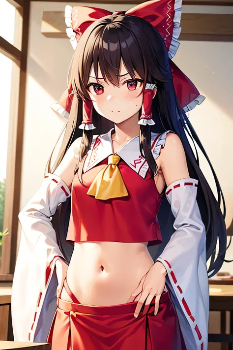 super fine illustration, vibrant colors, masterpiece, sharp focus, best quality, depth of field, ultra detailed, navel, shrine maiden, hakurei reimu, 1girl, hair bow, ascot, hair tubes, detached sleeves, red shirt, red skirt,, very long hair, dark brown ha...