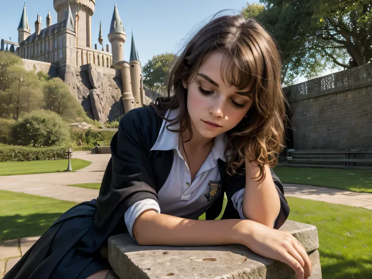 Gorgeous european woman with curly hair, bushy hair with bangs, thick hair, shoulder length hair, shiny hair, streaked blonde hair, skinny, thin waist, Emma Watson in cute clothes, small breasts, (wearing a a long black traveling cloke over a school unifor...
