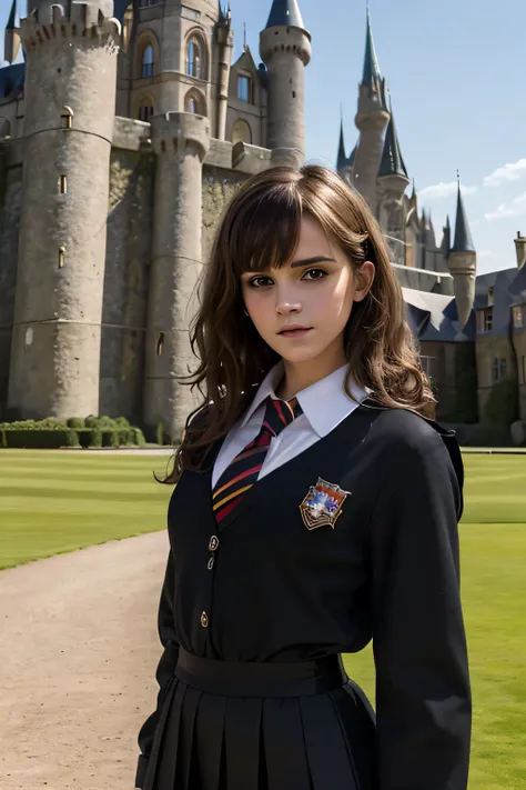 Gorgeous european woman with curly hair, bushy hair with bangs, thick hair, shoulder length hair, shiny hair, streaked blonde hair, skinny, thin waist, Emma Watson in cute clothes, small breasts, (wearing a a long black traveling cloke over a school unifor...