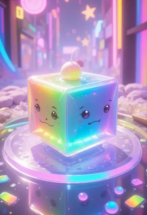 A cute pink-white mochi candy cube in the center of the image has a shiny surface like a falling light.