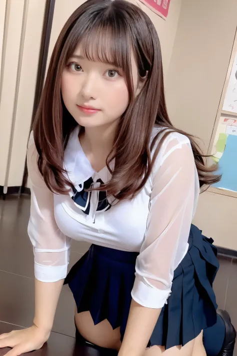 ((masterpiece, best quality, Hi-Res, NFSDW, perfect pixel, 4K, NFSDW, NFSDW))), 1 girl, single, Alone, beauty、I can see the whole body of a high school student、 (( middle wave hair, bangs, brown hair)), ((brown eyes, beautiful eyelashes, Realistic eyes...
