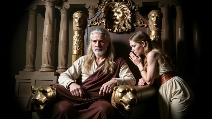50 years old. Bearded. Long hair. Serious, thoughtful, worried. King Eurystheus, seated on his throne, deep in thought. King Eurystheus is seated on his wooden throne adorned with golden lions, in Ancient Greece. He has white skin, gray hair, and appears t...