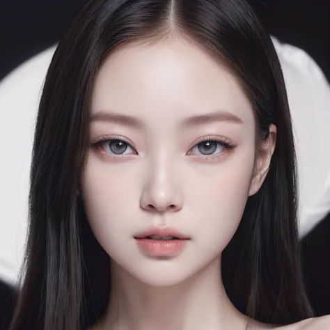 Pale milky hyper white porselin skin lady, a face photo, milky skin colour, albino skin, mature woman, elegant, like jennie kim face, dark brown hair, straight long hair, grey eyes, solo, high quality cg, 8K resolution, UHD, Sharp photo, natural lips color...