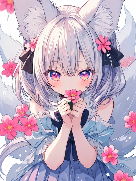 Nine Snow White Fox Tails (1.0), Milky Fox Tail (1.0), Nine-tailed fox close-up, Nine Tail, Nine Tail, An animated  girl with silver hair and a pink dress with a flower ornament,  very beautiful anime fox girl, Beautiful Fantasy Anime, Gwaiz, anime girl wi...