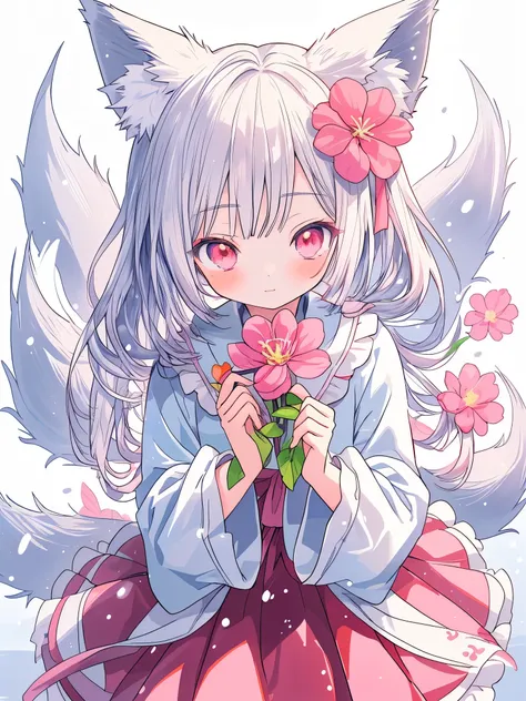 Nine Snow White Fox Tails (1.0), Milky Fox Tail (1.0), Nine-tailed fox close-up, Nine Tail, Nine Tail, An animated  girl with silver hair and a pink dress with a flower ornament,  very beautiful anime fox girl, Beautiful Fantasy Anime, Gwaiz, anime girl wi...