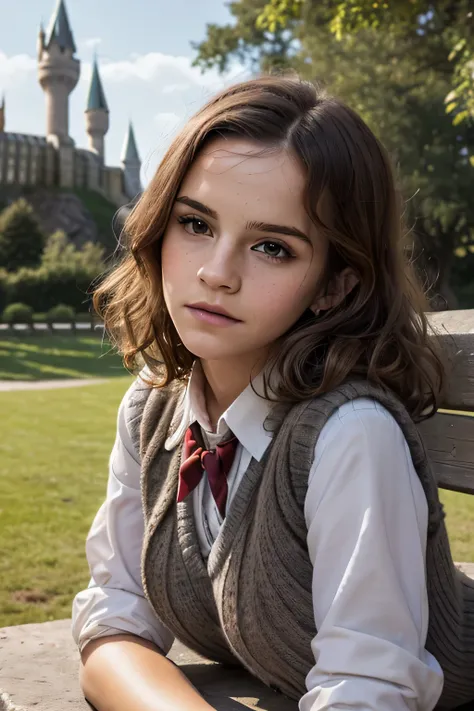 Gorgeous european woman with curly hair, bushy hair with bangs, thick hair, shoulder length hair, shiny hair, streaked blonde hair, skinny, thin waist, Emma Watson in cute clothes, small breasts, (wearing a White button down shirt with a dark wool jumper v...