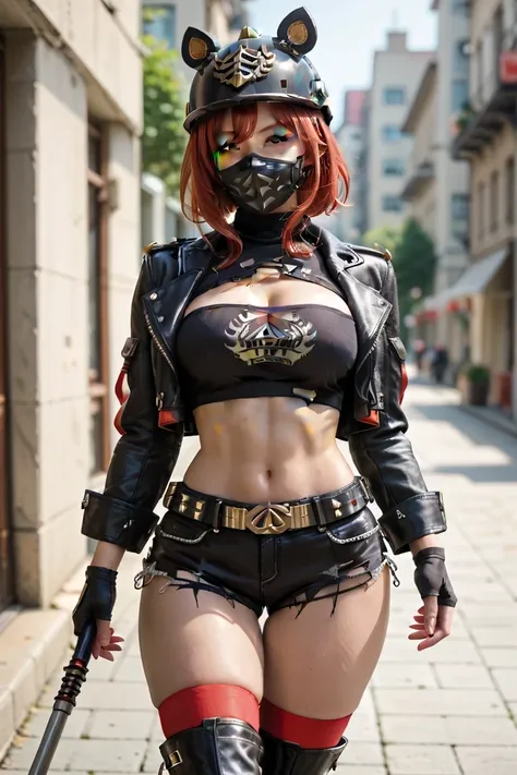 ((black jacket, cropped jacket, long sleeves, fingerless gloves, black tube top, turtleneck, cleavage, midriff, belt, black skirt, black thighhighs, red thigh strap))  ((motocycle helmet, black jacket, long sleeves, open jacket, mask around neck, half glov...