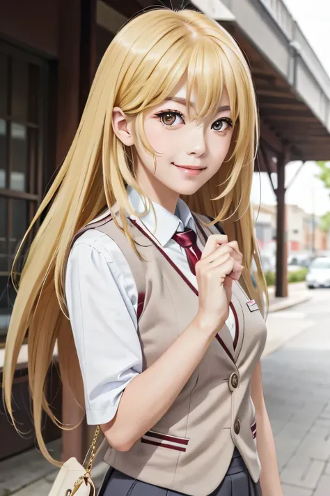 realistic, 1girl, shokuhou_misaki, glamorous:1.3, blonde straight hair, red small eyes, tokiwadai school uniform, vest, gazing at camera:1.3, full of smile to camera:1.5, her finger on her cheek:1.2, street:1.2 (extremely detailed, masterpiece, high resolu...