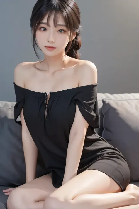  realistic,photorealistic,8k,masterpiece,best quality, Japanese woman turning her butt k, adult vibe,natural skin glow,seductive smile,slender, Black Off Shoulder Dress, grey background,Impressive Pictures, facing the front、sitting on the sofa holding your...