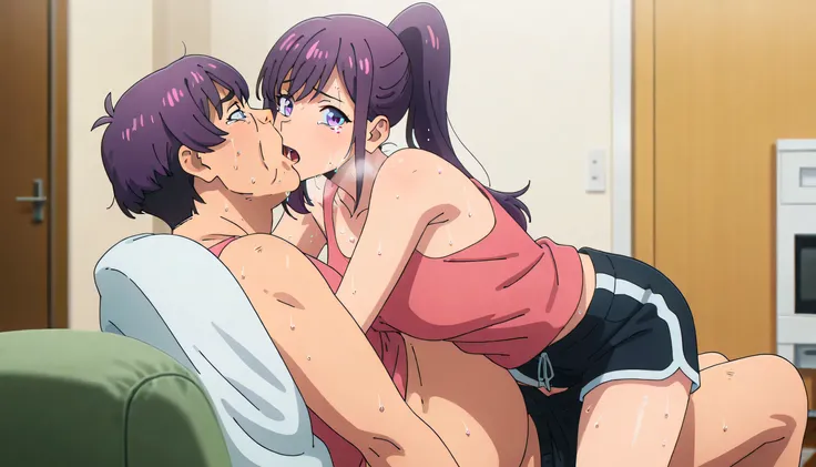 anime screencap, masterpiece, best quality,
1girl, 1boy,sex,,rape,kiss, sweat,tears,tears dropping,
purple hair, purple eyes, high ponytail,
JinahJogging,
 looking at the viewer, cowboy shot,
Living room , , pink tanktop, black shorts, out of breath, sweat...