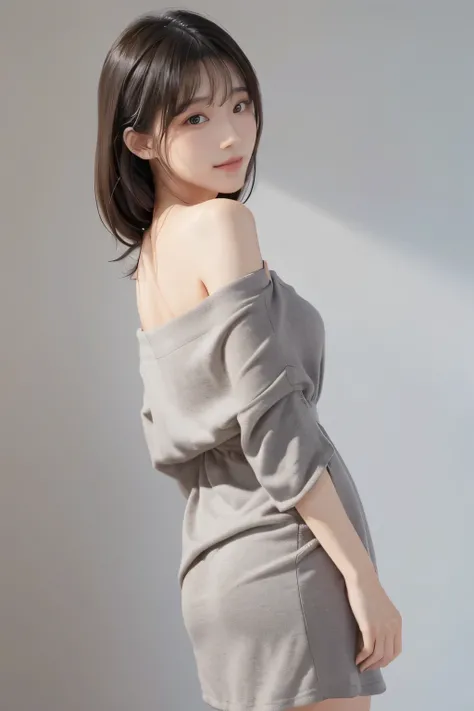  realistic,photorealistic,8k,masterpiece,best quality, Japanese woman turning her butt k, adult vibe,natural skin glow,seductive smile,slender,Off Shoulder Dress, grey background,Impressive Pictures