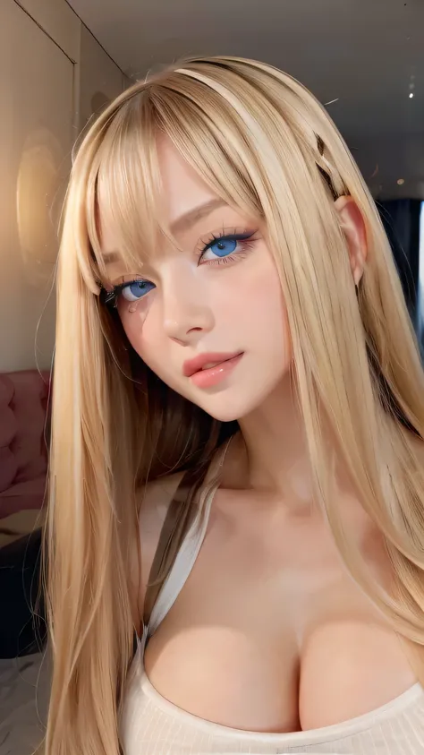 incomparable beauty, Glossy, radiant and firm skin,  bangs between the eyes , Shiny straight beautiful natural platinum blondes, Very long straight silky hair, eyeliner, Sexy, beautiful and innocent , Big beautiful bright blue eyes in high definition, beau...