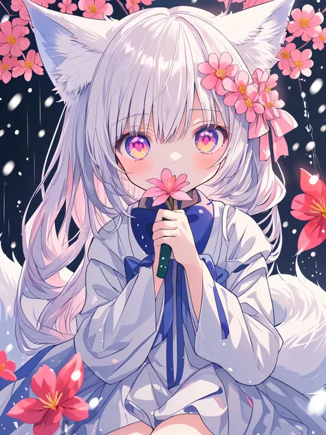 Nine Snow White Fox Tails (1.0), Milky Fox Tail (1.0), Nine-tailed fox close-up, Nine Tail, Nine Tail, An animated  girl with silver hair and a pink dress with a flower ornament,  very beautiful anime fox girl, Beautiful Fantasy Anime, Gwaiz, anime girl wi...