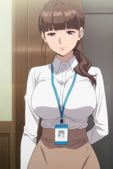 Masterpiece, best quality, source_anime, anime screencap, anime coloring, anime screencap, 1girl,mature female,brown hair, long hair, blunt bangs, brown eyes,ponytail, lanyard, id card, white shirt, collared shirt, long sleeves, pencil skirt, high-waist sk...