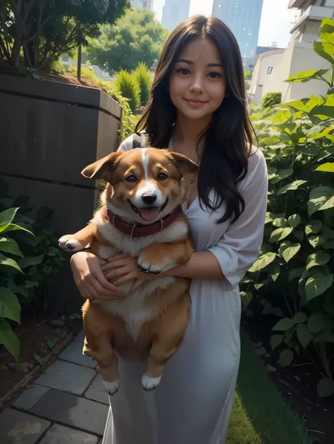 The most beautiful girl is hugging a corgi dog in her garden、Both the girl and the dog look happy、Dog４Realistically and accurately depict the foot of a book and a girl's hand with detailed details