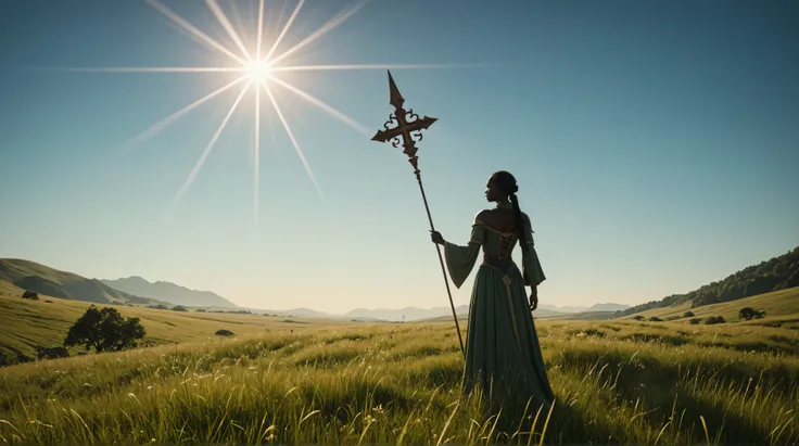 A tall, dark-haired elf girl with tanned skin stands in an open grassland, holding a large cross spear in her hands. Her sharp, pointed ears and long flowing black hair sway gently in the breeze. She gazes into the distant horizon with a calm yet determine...