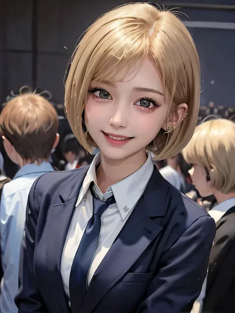 (masterpiece:1.2), ((1woman)), ((upper body)), ((station)), ((in the crowd)), 21years old, ((gal)), ((blonde hair, bob cut)), {{school uniform, navy blazer, white shirt, long blue tie}}, ((ear piercing)), ((smile)), Japanese
