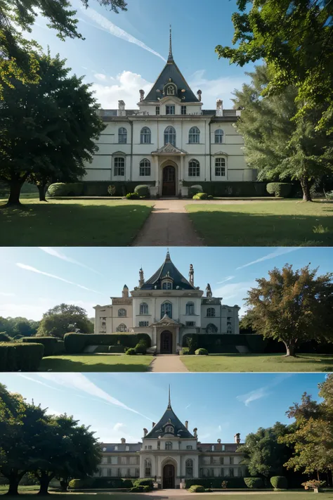 Palace in the middle of the forest on the left to the right there is a building