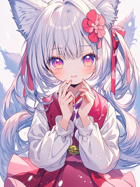 Nine Snow White Fox Tails (1.0), Milky Fox Tail (1.0), Nine-tailed fox close-up, Nine Tail, Nine Tail, An animated  girl with silver hair and a pink dress with a flower ornament,  very beautiful anime fox girl, Beautiful Fantasy Anime, Gwaiz, anime girl wi...