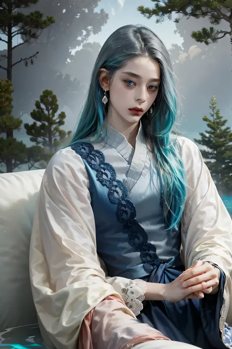 faded white sky blue hair, blue eyes, misty lakes, pine trees, Korean males in their 20s, crescent-shaped rings, subtle grey silk outfits, long black hair, slightly open tops, colorful silver-haired jewelry, Ghibli Style, Spirit Away, Howl's Moving Castle,...