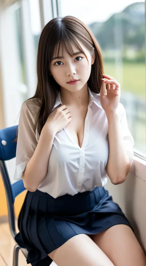 One Girl、、 (alone)、(Push up your chest)、 18 year old student 、( sitting in a school chair by the window)、She is in a bad mood、(Super beautiful girl :1.5)、(big boobies:1.2)、(A delicate face)、textured skin、face、( Full Thighs :1.3)、Bare leg hair、( loose blous...