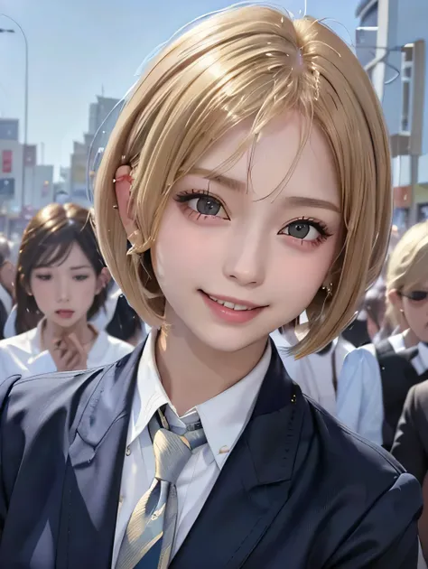 (masterpiece:1.2), ((1woman)), ((upper body)), ((station)), ((in the crowd)), 21years old, ((gal)), ((blonde hair, bob cut, tuc her hair behind the ear)), {{school uniform, navy blazer, white shirt, long blue tie}}, ((ear piercing)), ((smile)), Japanese
