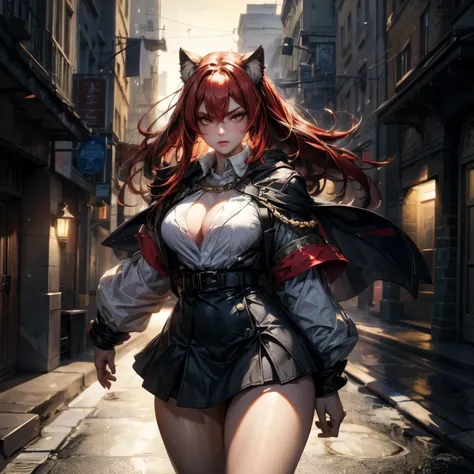 ((best quality)), ((Masterpiece)), ((Enrich the picture，Masterpiece level quality)), red hair, long hair, very big breasts, golden eyes, fierce woman, street fasion, mini white shirt, mini black skirt, sexy jacket, best quality, RAW 4K, Realistically, ( ci...