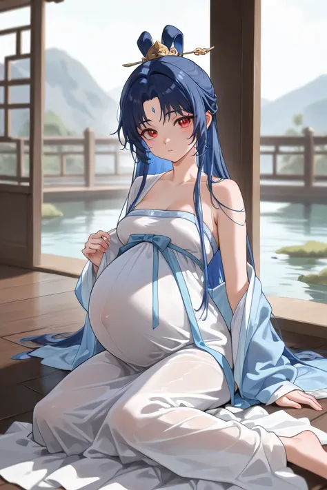 (Best quality, 4k, 8k, high resolution, masterpiece:1.2), ultra detailed, intricate details, beautiful girl, long blue hair, red eyes, bangs, small-medium breasts, perfect smooth skin, head tilted, Hanfu, Maxi skirt, dressing up modestly,, long blue hair, ...