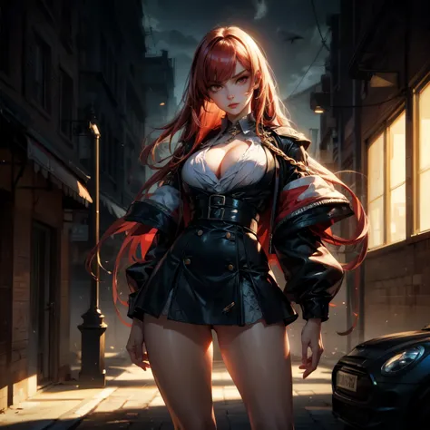 ((best quality)), ((Masterpiece)), ((Enrich the picture，Masterpiece level quality)), red hair, long hair, very big breasts, golden eyes, fierce woman, street fasion, mini black shirt, mini black skirt, sexy jacket, best quality, RAW4, Realistically, ( cine...