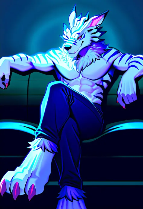 masterpiece, detailed, detailed eyes, detailed face, detailed hands, solo, adult male, weregarurumon, blue pants, topless, sitting in an couch with crossed legs, with both arms on the back of the couch, crossed legs, crossed legs with a leg positioned over...
