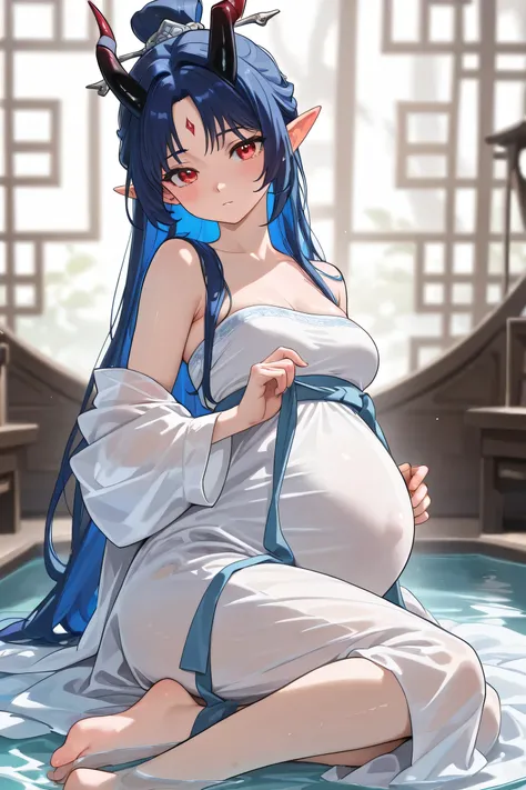 (Best quality, 4k, 8k, high resolution, masterpiece:1.2), ultra detailed, intricate details, beautiful girl, long blue hair, red eyes, bangs, small-medium breasts, perfect smooth skin, head tilted, Hanfu, Maxi skirt, dressing up modestly,, long blue hair, ...