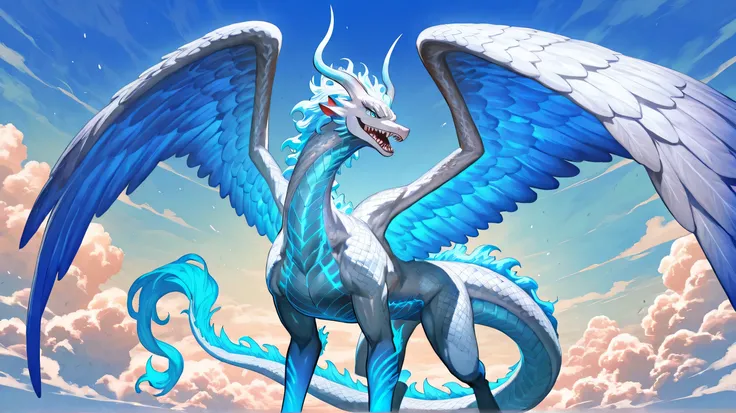 Quadrupedal dragon with silver scales mixed with sky blue hues, thin and elongated horns, piercing electric blue eyes with slit pupils, elongated snout with sharp teeth, wide wings with translucent membranes resembling wind currents, long wavy tail with en...