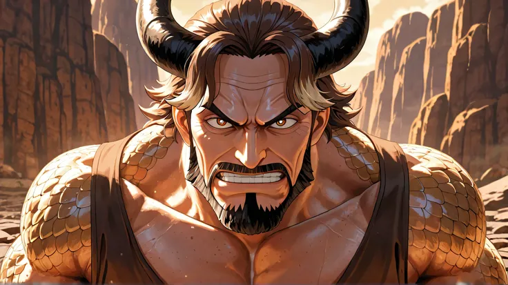 Old man, muscular and strong body, fair skin with brown dragon scales that resemble stone cracks, short earthy brown hair with grayish highlights, deep brown almond-shaped eyes with oval pupils, thick and slightly arched eyebrows, oval face with subtly def...